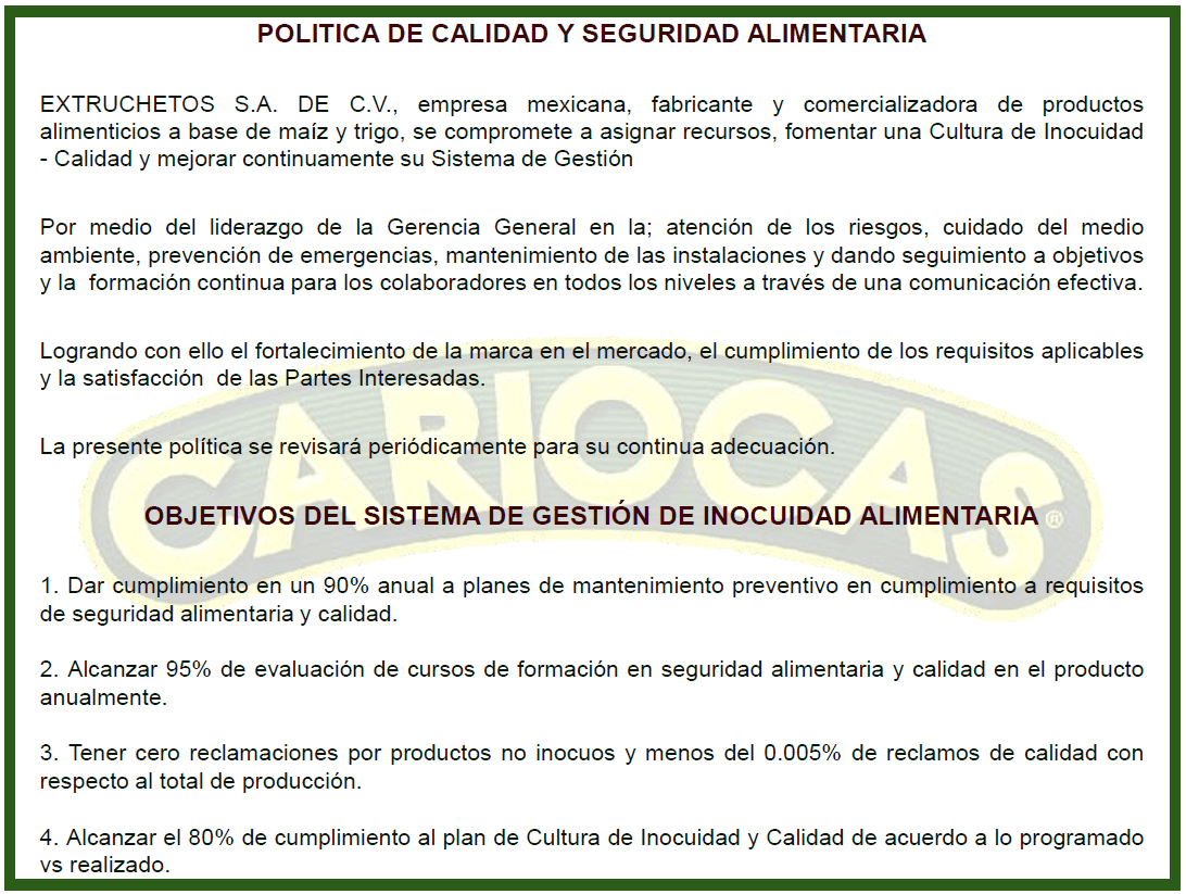 Política de calidad y seguridad alimentaria de Productos Cariocas